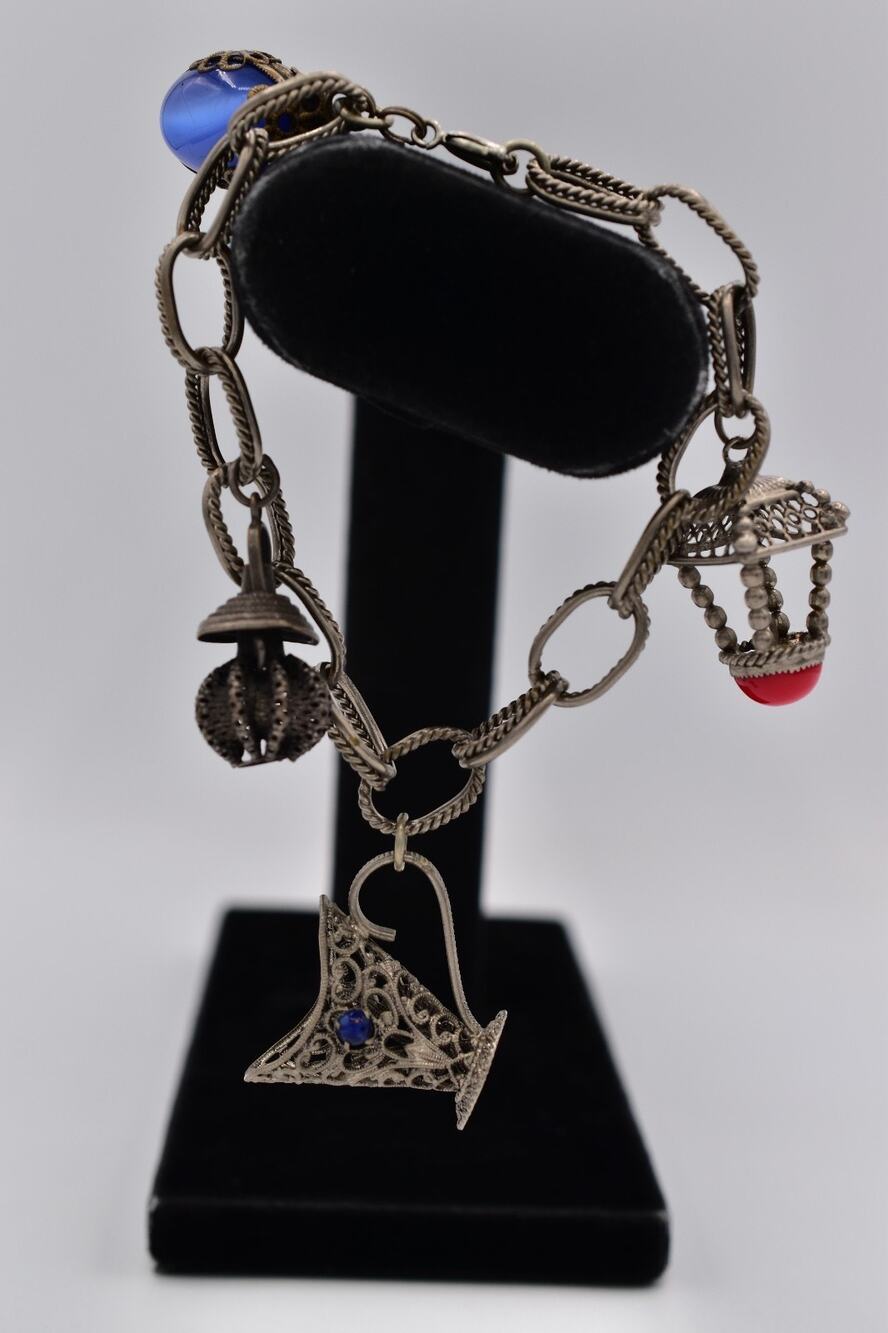 Vintage Charm Bracelet Blue Red Antiqued Metal Art Deco Chunky Retro 1940s BinAD